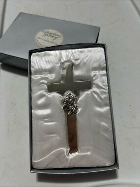 Silver Decorative Cross Wall Accent with Heart Rosary Detail